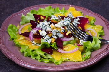 Orange, Beetroot, Blue Cheese, Red Onion and Pistachios Salad