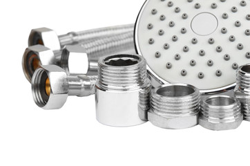 Plumbing fitting, hosepipe and showerhead, isolated on white background