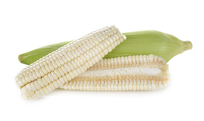uncooked white corn with leaf on white background