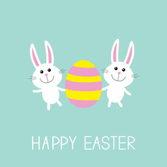 Happy Easter. Two bunny rabbit and striped egg. Flat design.