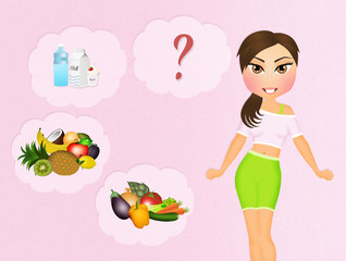 sporty girl with variety of healthy foods