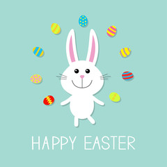 Obraz na płótnie Canvas Happy Easter. Cute bunny rabbit juggles egg. Flat design.