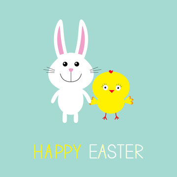 Cute bunny rabbit and chicken. Happy Easter.  Round frame. Flat design.