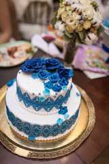 Wedding cake. Sweet cake blue and white