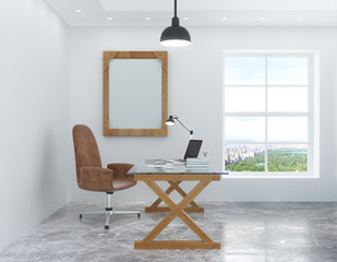 White room in the loft style with a desk and chair and a picture