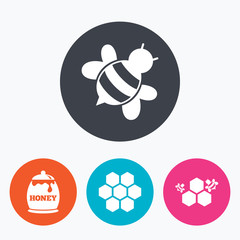 Honey icon. Honeycomb cells with bees symbol.