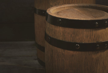 Two old wooden wine barrels, closeup