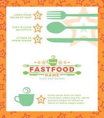Menu with green logo with word Fast Food, design elements spoon and fork at a white background. Design template for restaurant, cafe and canteens. Vector Illustration.