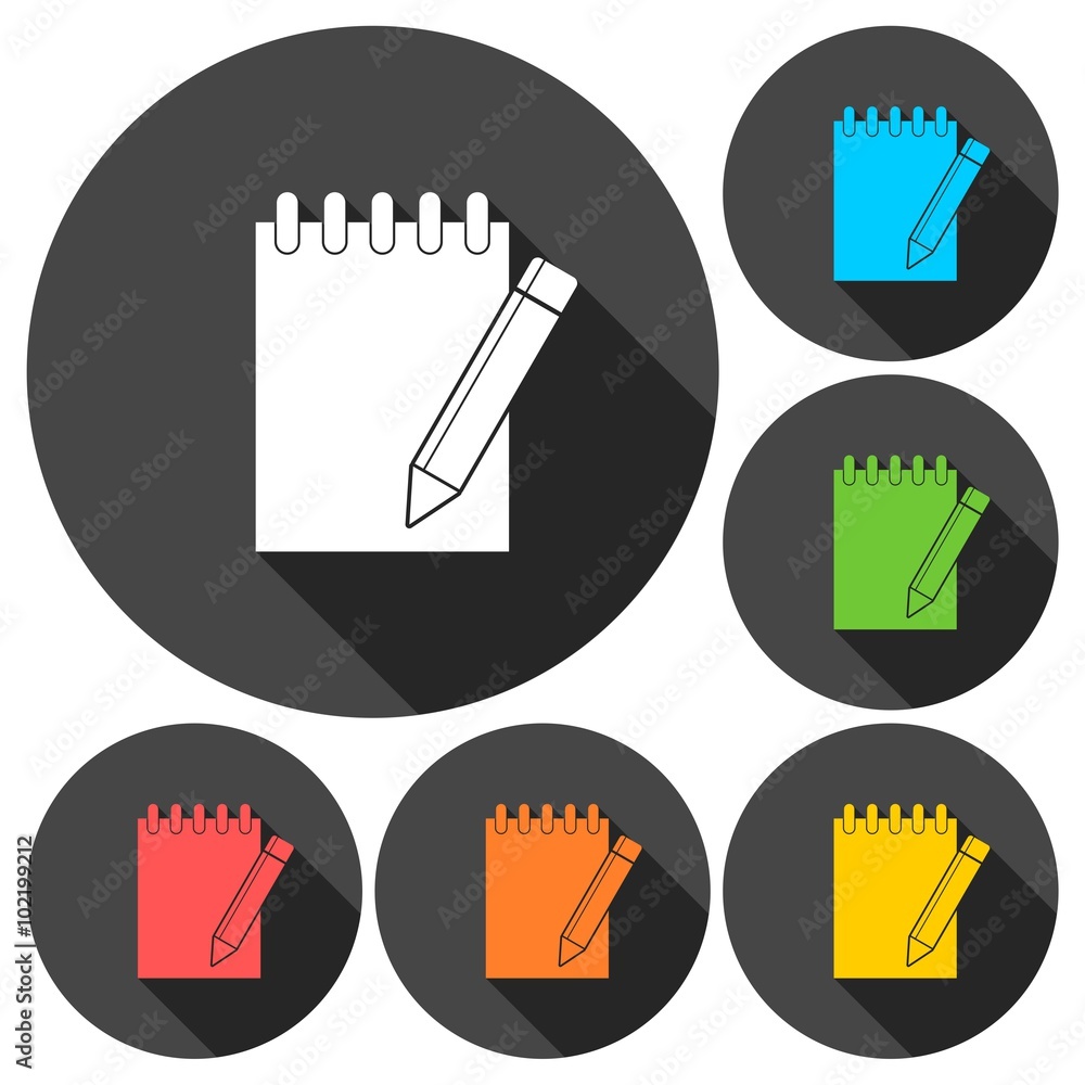 Poster notebook icon, document with pencil icons set with long shadow