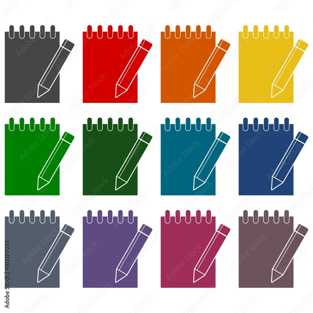 Poster notebook icon, document with pencil icons set
