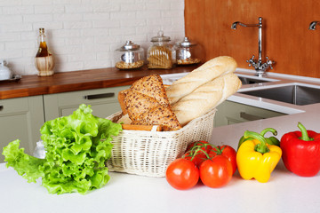 kitchen design light fresh vegetables, bread basket, lettuce, peppers, tomatoes, shopping, cooking two sinks with faucets Bank pasta table