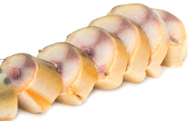 Smoked mackerel fish on a white background