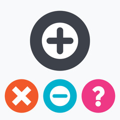 Plus and minus icons. Question FAQ symbol.