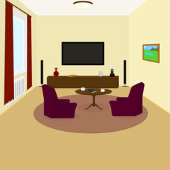 the interior of the living room TV on the wall, chairs, coffee cups on the table, Notepad, phone, watch, book, vase, painting on the wall, carpet on the floor