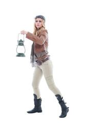 young blonde woman in a steampunk outfit, action hero pose. isolated on white background.