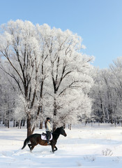 Young woman riding horseback on a winter meadow, in deep snow during a snowstorm