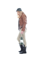 young blonde woman in a steampunk outfit, action hero pose. isolated on white background.