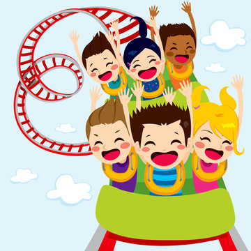 Happy children enjoy roller coaster ride screaming and having fun