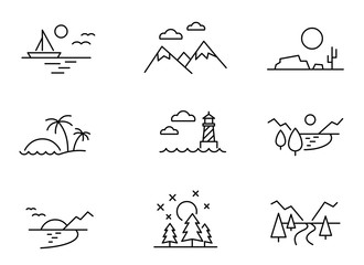 Nature landscape icons, vector thin line style