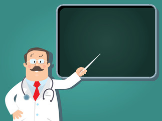 Funny doctor with pointer. Design template 