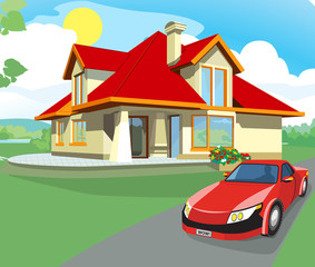 Obraz na płótnie Canvas Red car and home