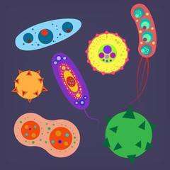 Bacteria virus vector icons set. Biology microorganisms, microbes germs and bacilli. Vector biology icons, medical virus icons, bugs isolated. Virus science microbe vector icons. Virus bacteria icons
