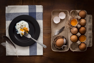 eating fried eggs flat lay still life rustic with food stylish