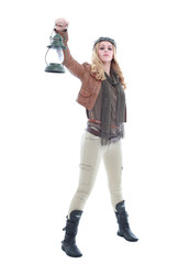 young blonde woman in a steampunk outfit, action hero pose. isolated on white background.