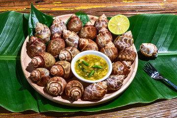 Grilled Spiral babylon snail with spicy sauce on a banana leaf.