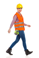Walking Female Construction Worker Side View
