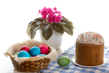 Easter table with dyed eggs.