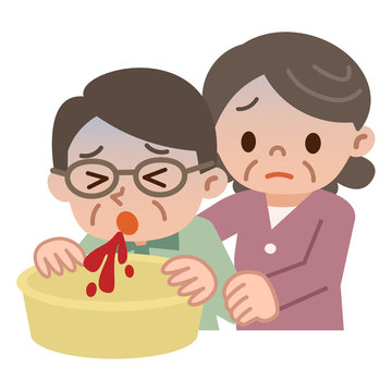 吐血するシニア男性と介抱するシニア女性