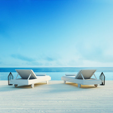 Beach lounge - Sundeck on Sea view / 3d render 