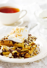 waffle with chocolate and whipped cream
