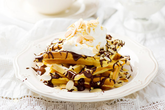 waffle with chocolate and whipped cream