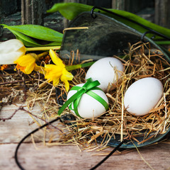 Easter Card with White Eggs and Flowers