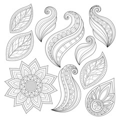 Vector Set of Monochrome Contour Flowers and Leaves
