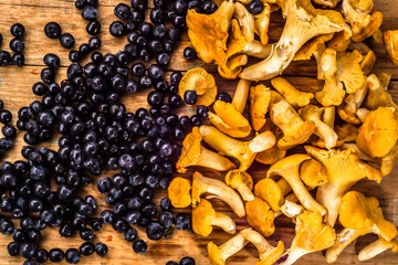 Background with forest fruits on wood. chanterelles mushrooms and blueberries