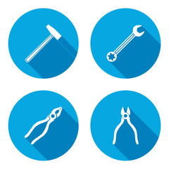 Pliers, hammer, wrench key icon. Repair fix tool symbol. White sign on round circle flat button with long shadow. Vector
