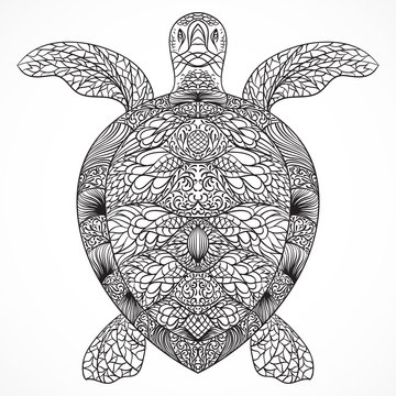 Turtle decorated with oriental ornaments. Vintage black and white hand drawn vector illustration