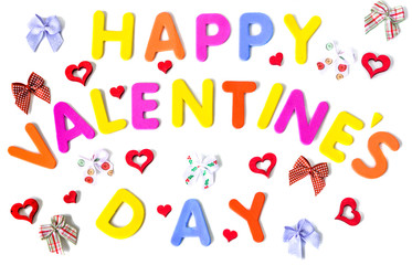 Text of colorful letters Happy Valentines day with multicolored bows and red hearts