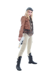 young blonde woman in a steampunk outfit, action hero pose. isolated on white background.