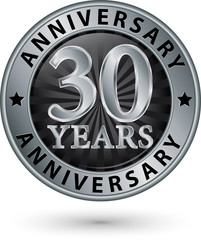 30 years anniversary silver label, vector illustration