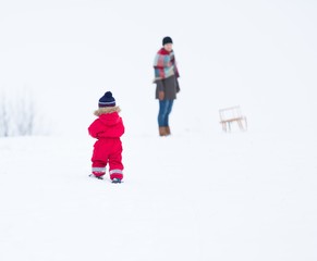 Fototapeta na wymiar Boy and his mother playing in winter landscape. Child model