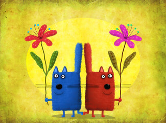 Naklejki  Koty-bliźniaki trzymające kwiaty na żółtym tle