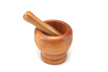 Single Vintage Wooden Mortar And Pestle Isolated, Top View, Clos
