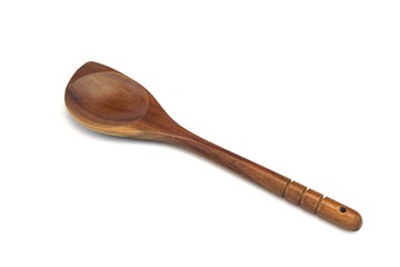 Brown Wooden Spoon  Isolated On White, Overhead View, Closeup