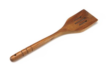 Brown Wooden Spatula  Isolated On White, Overhead View, Closeup