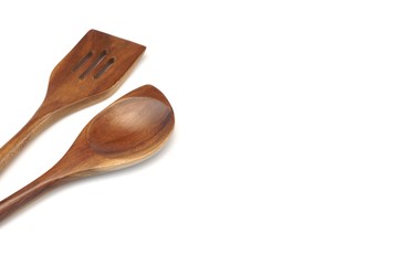 Wooden Spatula And Spoon Isolated On White, Overhead View, Close