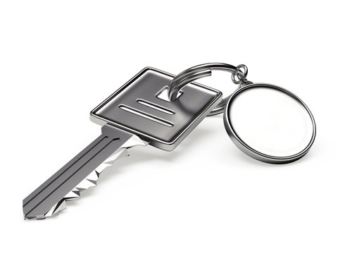 Silver key with blank round key chain isolated on white background 